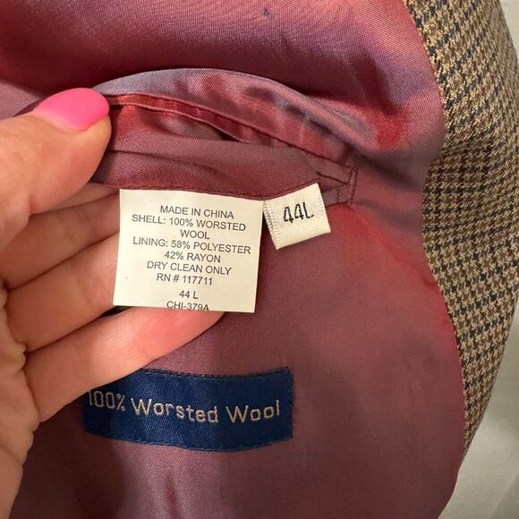 T. Harris London Tan Brown Houndstooth 100% Wool Blazer 44L - Picture 4 of 5